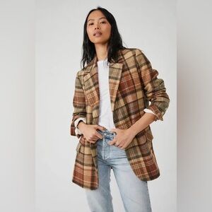 Free People Mari Plaid Blazer Winter Wheat